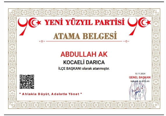 Yeni Yüzyıl Partisi Kocaeli Darıca İlçe Başkanlığı'na Abdullah Ak Atandı.